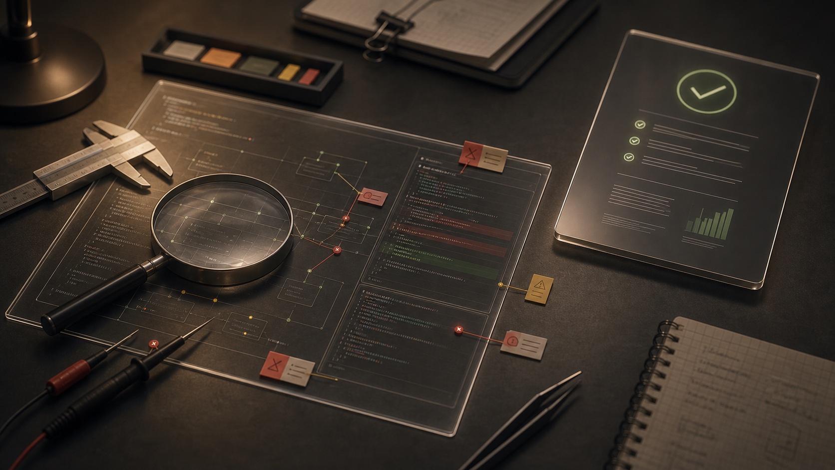 A verification bench laid out with tools for checking what an agent claims to have done