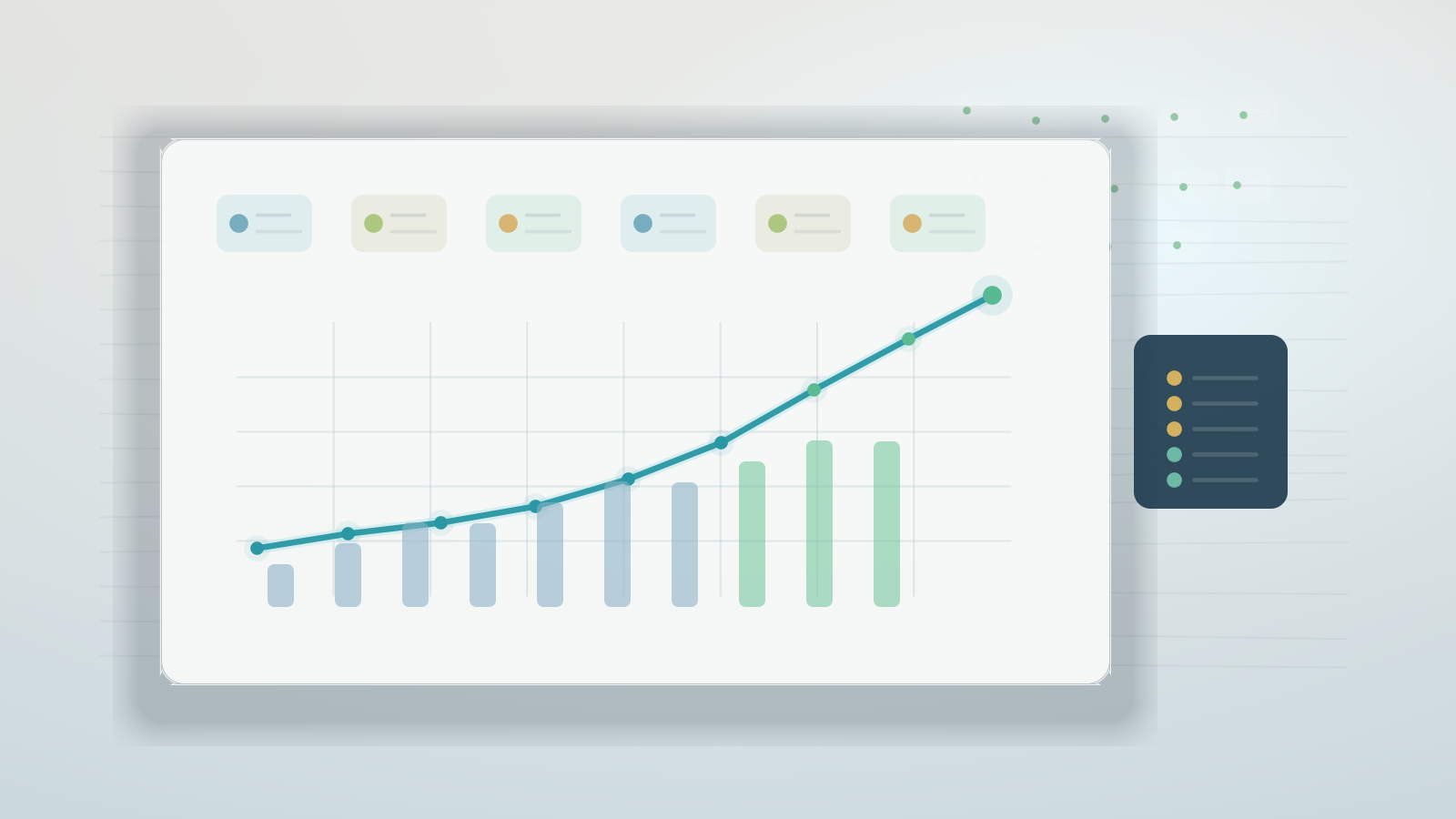 A dashboard showing pipeline, meetings, and signups charts trending up while an agent's own screen sits quiet