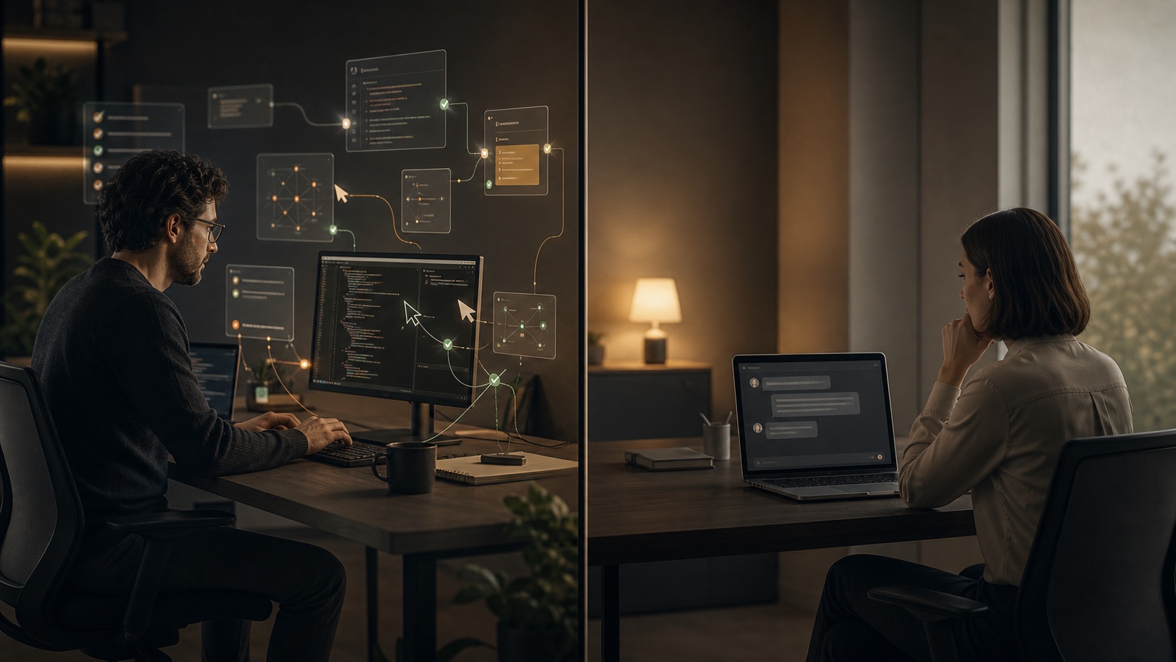 Two workspaces side by side — an engineer with an AI coworker doing the work, and everyone else typing into a chat box that waits