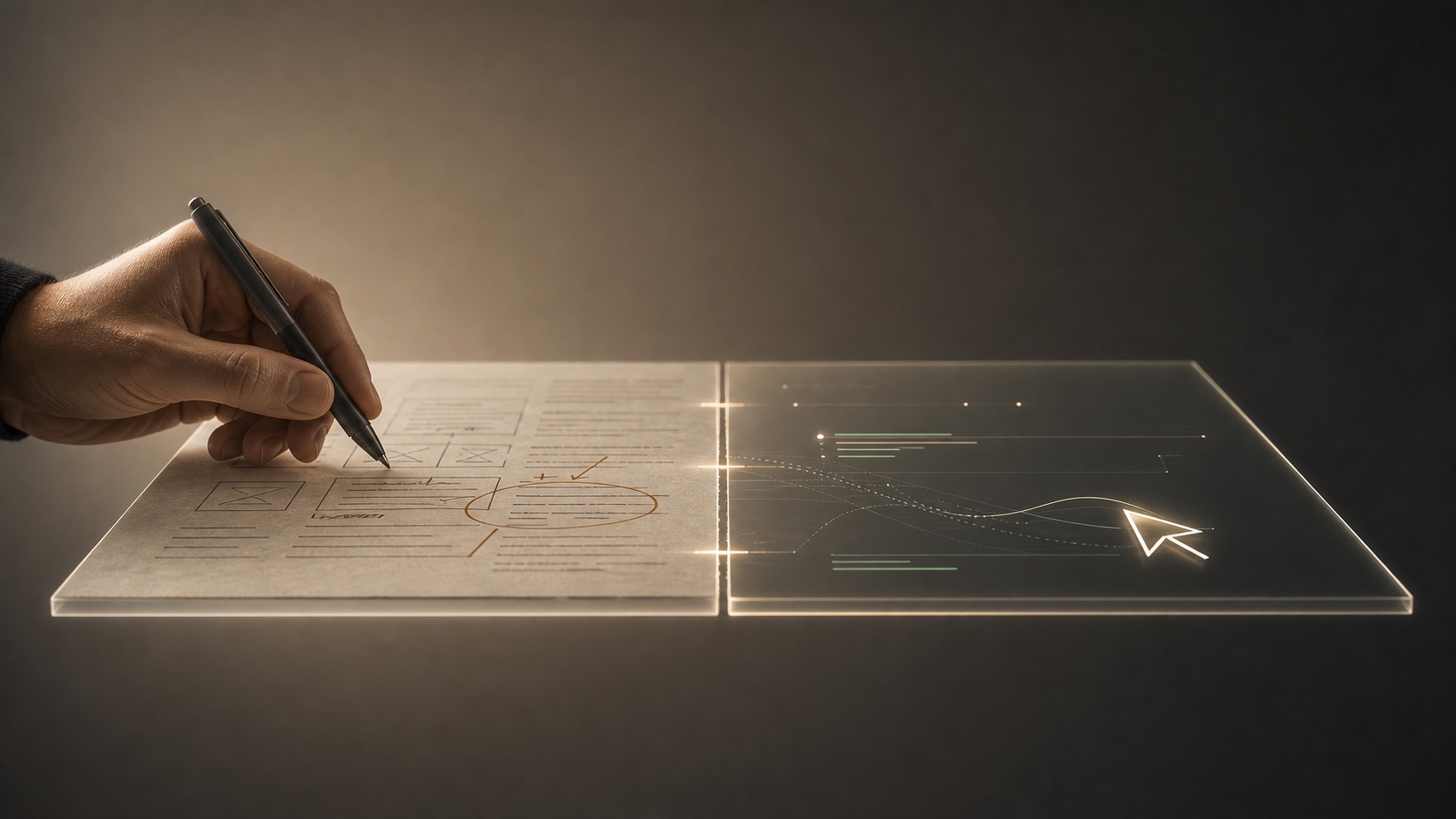 A human and an AI agent meeting across an unresolved seam where work hands off