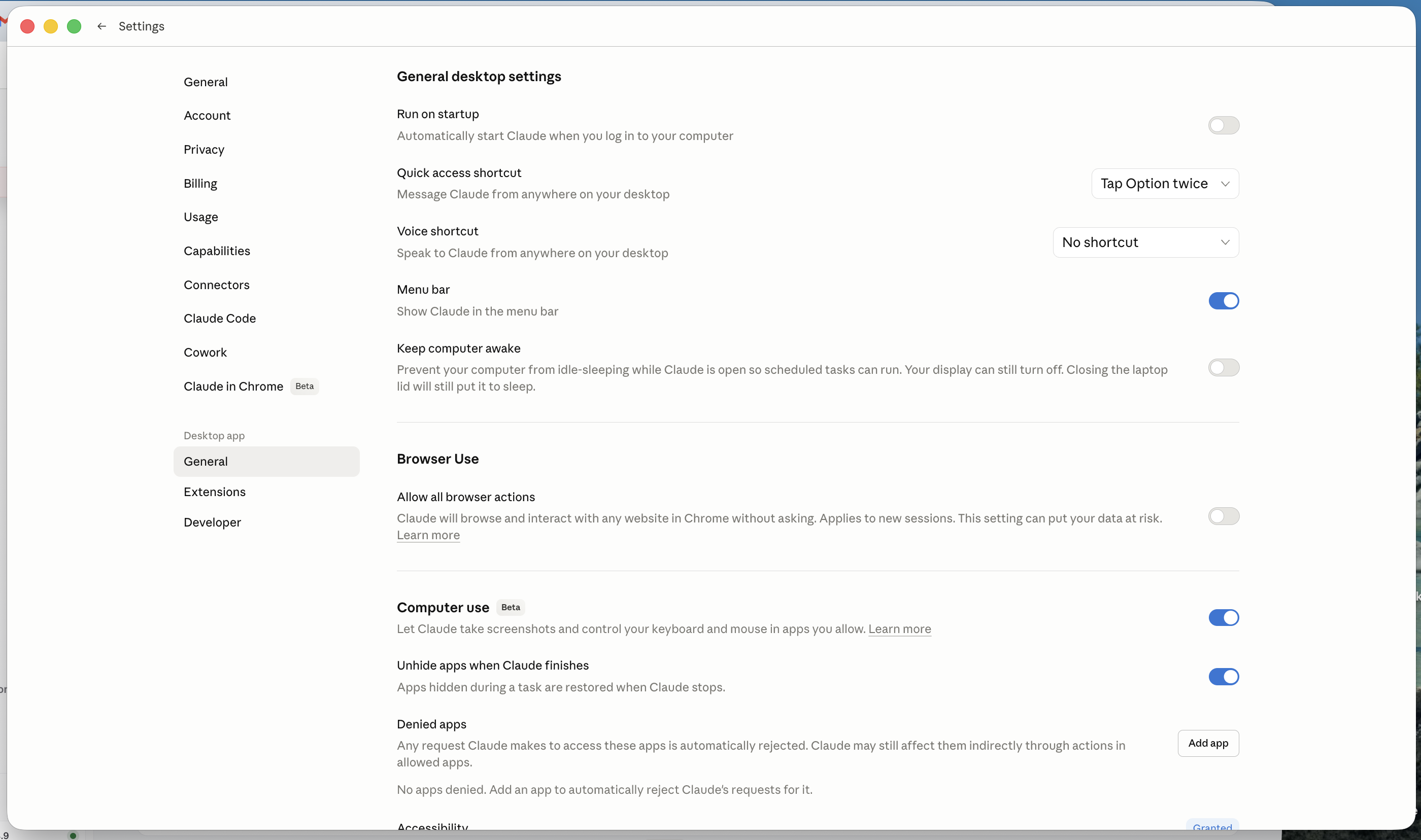 Claude Desktop Settings showing Computer use Beta toggle in General desktop settings