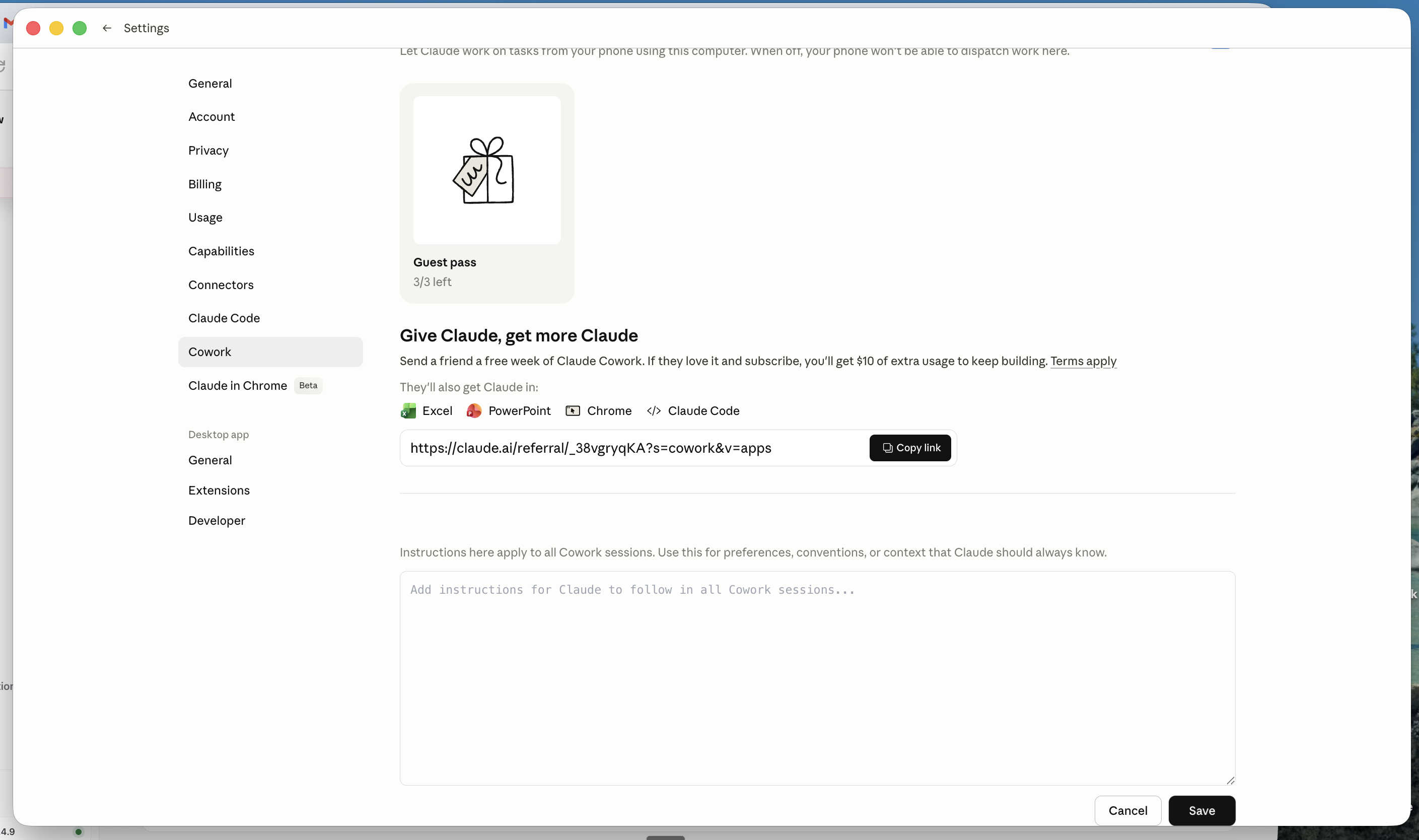 Claude Desktop Settings showing the Global Instructions textarea open in the Cowork tab