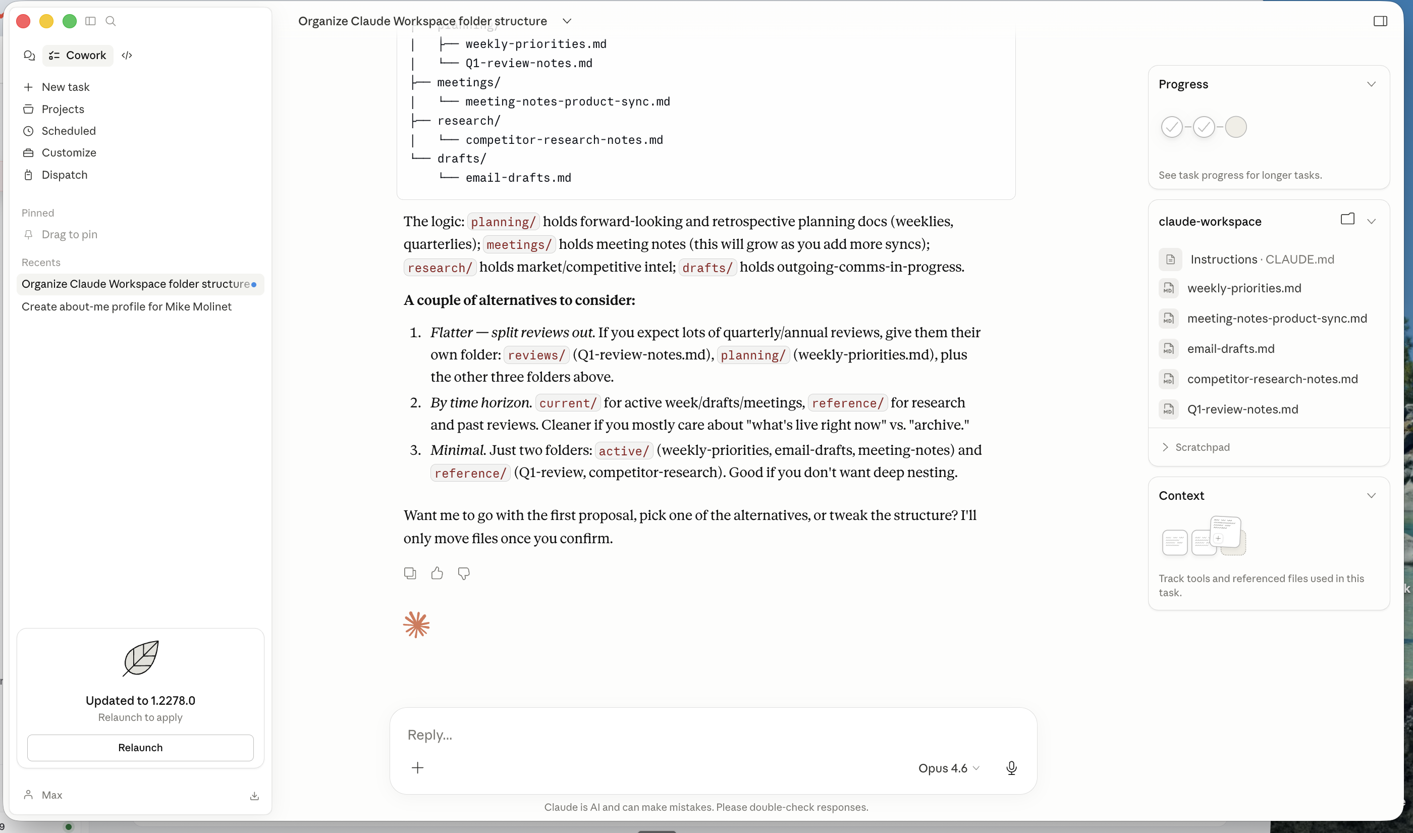 Claude Cowork interface displaying a proposed plan with approve option