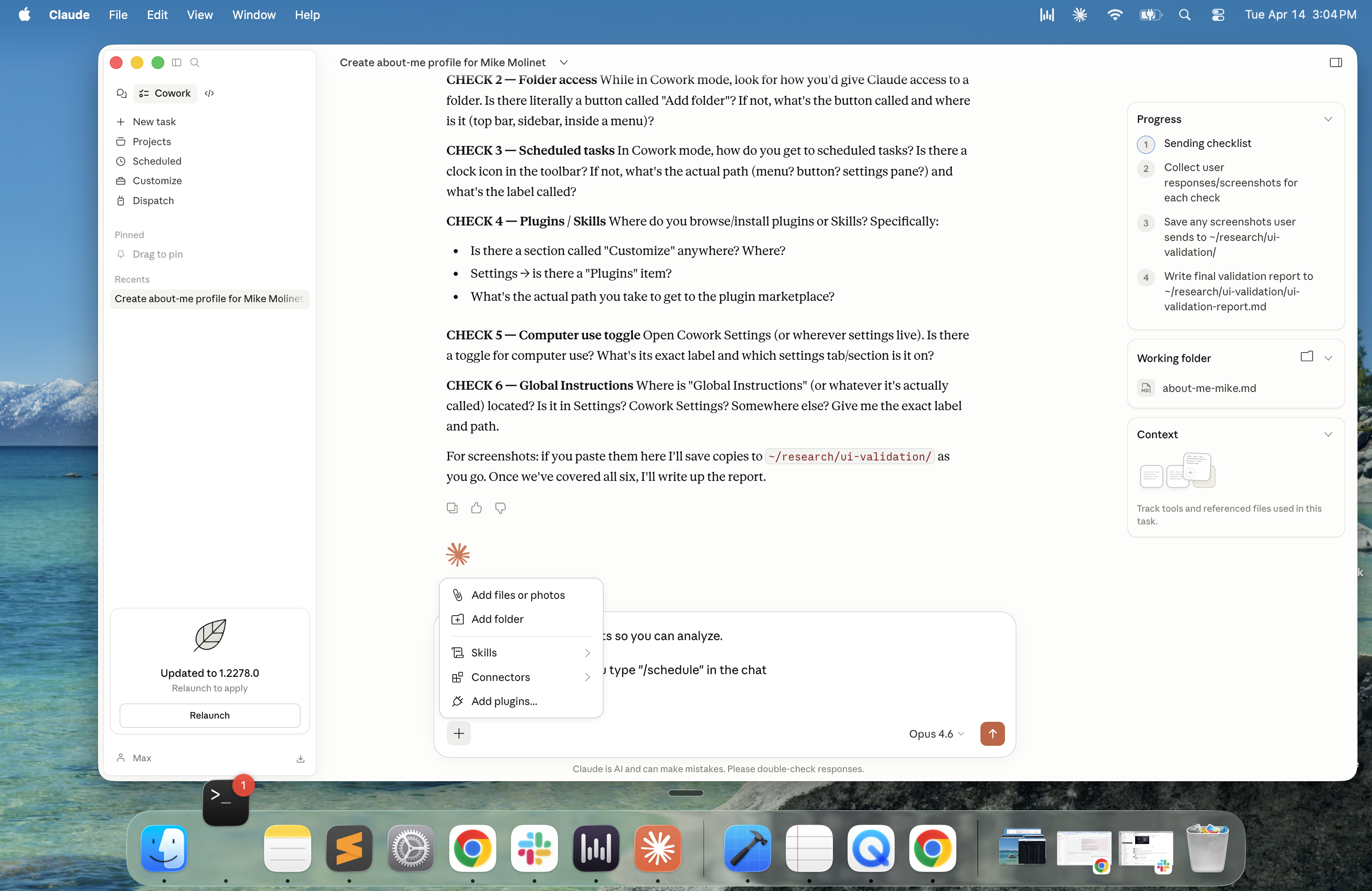 Cowork + button dropdown menu with Add folder option visible