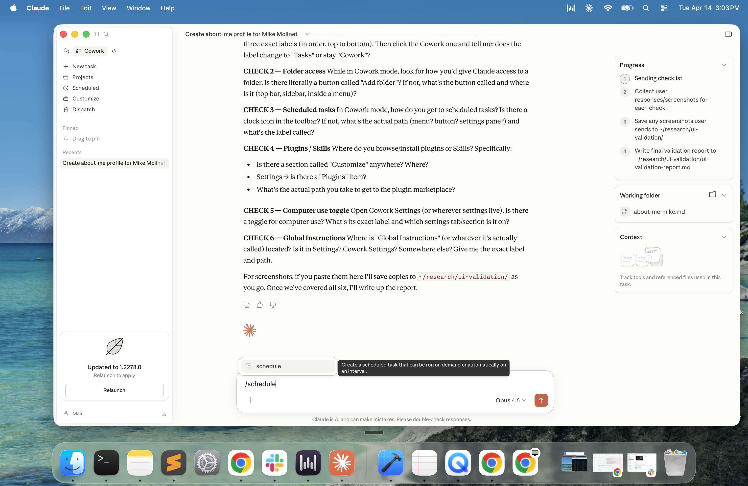 Cowork chat input showing /schedule command with tooltip visible