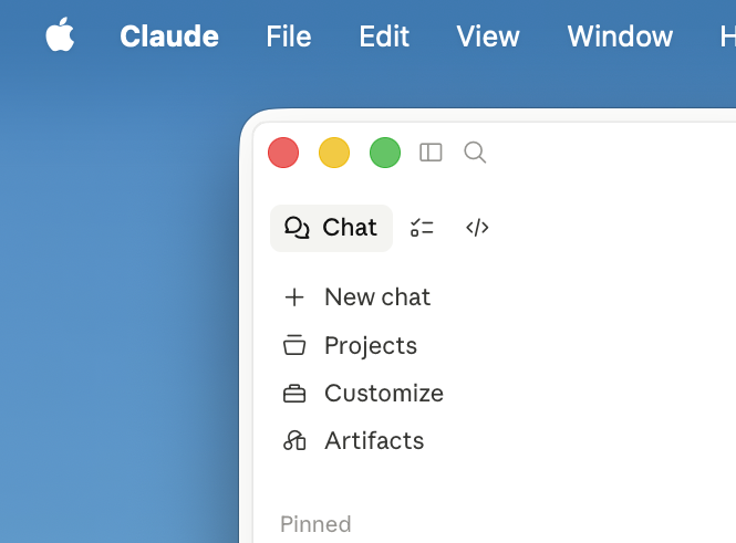 Claude Desktop sidebar showing Chat, Cowork, and Code icons