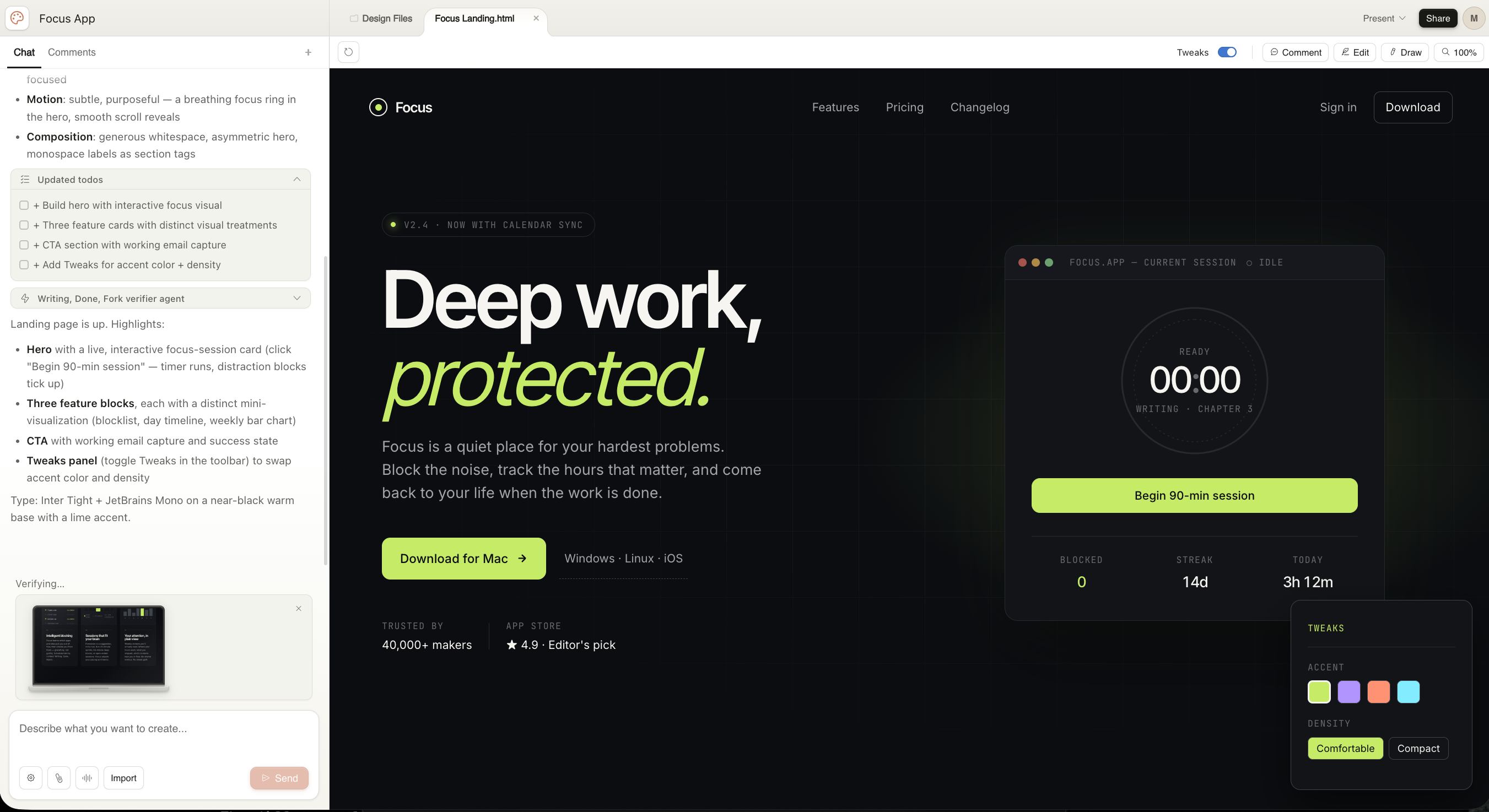 Claude Design workspace showing the Focus app landing page on the canvas with chat sidebar on the left showing design decisions and a Verifying status indicator at the bottom.