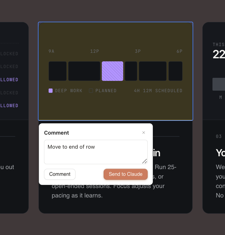 Claude Design comment modal showing the text "Move to end of row" with two buttons: Comment and Send to Claude.
