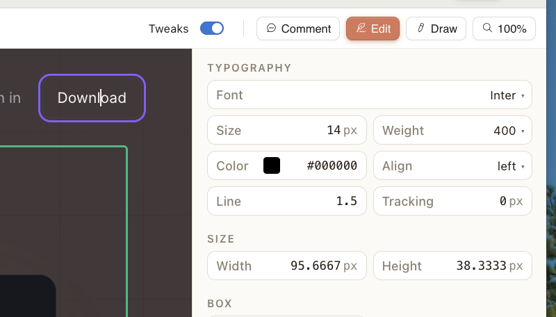 Claude Design Edit mode showing the right sidebar with Typography controls including Font (Inter), Size (14px), Weight (400), Color, and Size dimensions for a selected button component.