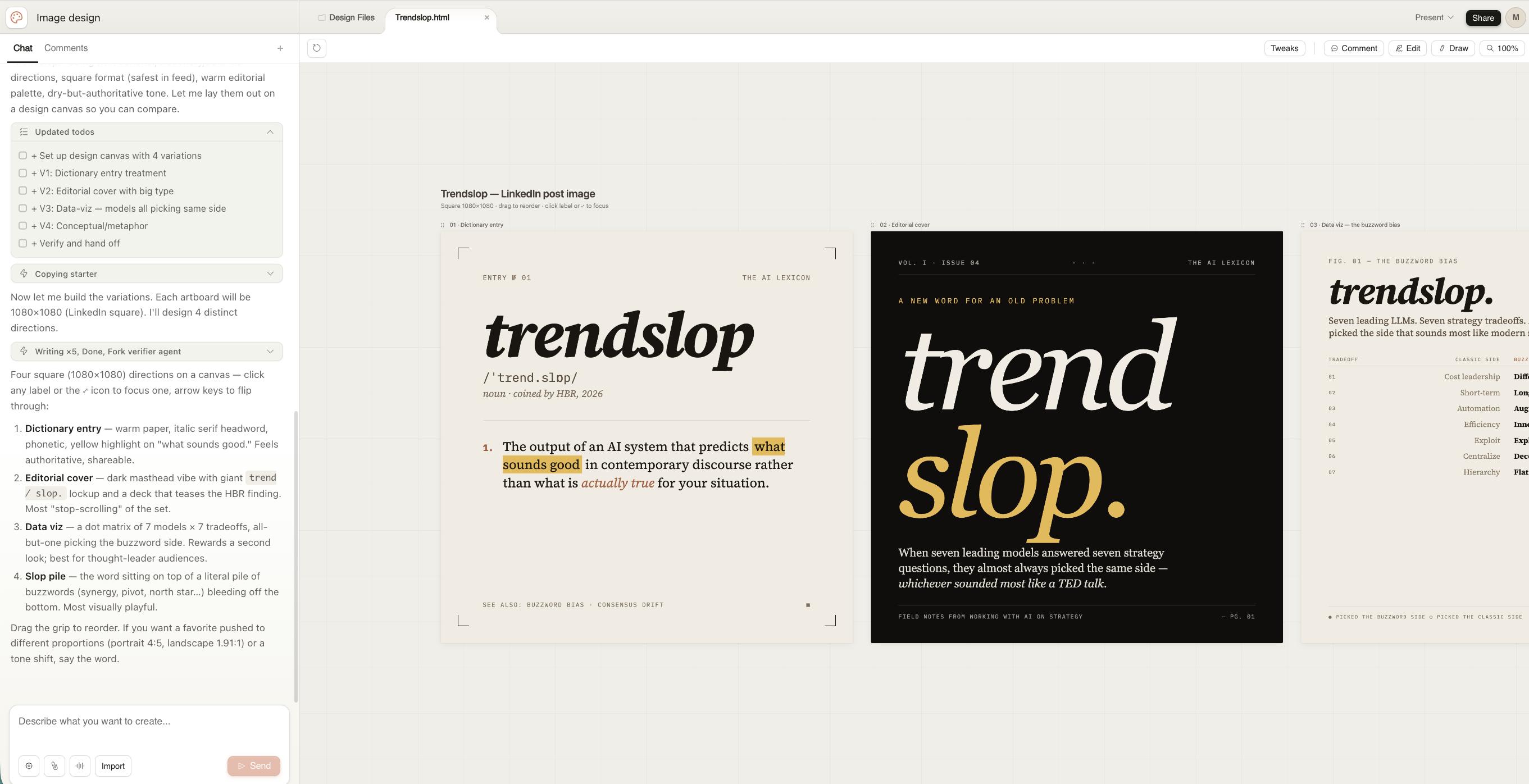 Claude Design canvas showing four variations of a LinkedIn post image for "trendslop" with different editorial treatments — dictionary entry, editorial cover, data viz, and conceptual metaphor.