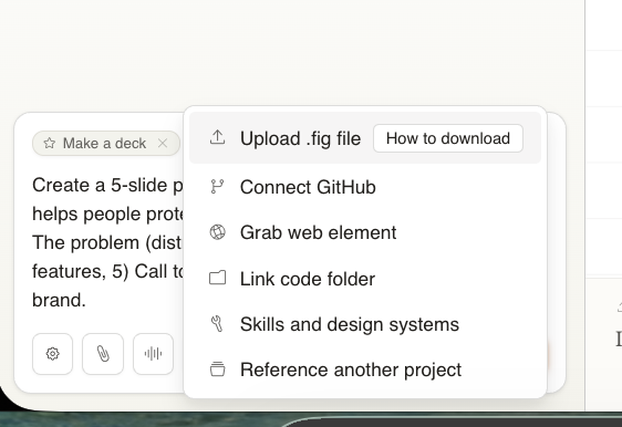 Claude Design import dropdown showing options including Upload .fig file, Connect GitHub, Grab web element, Link code folder, Skills and design systems, and Reference another project.