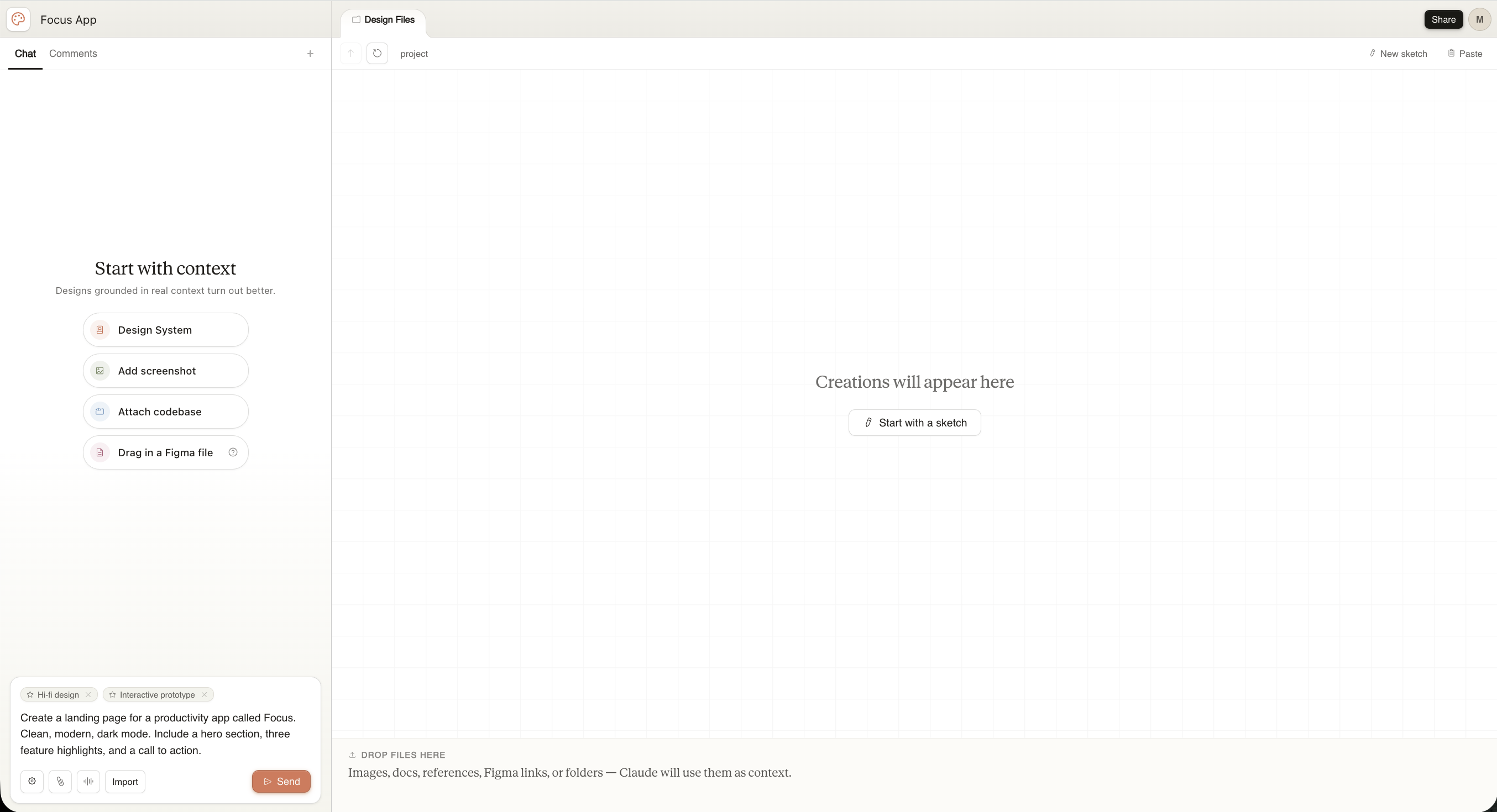 Claude Design project view showing the Start with context panel with options for Design System, Add screenshot, Attach codebase, and Drag in a Figma file.