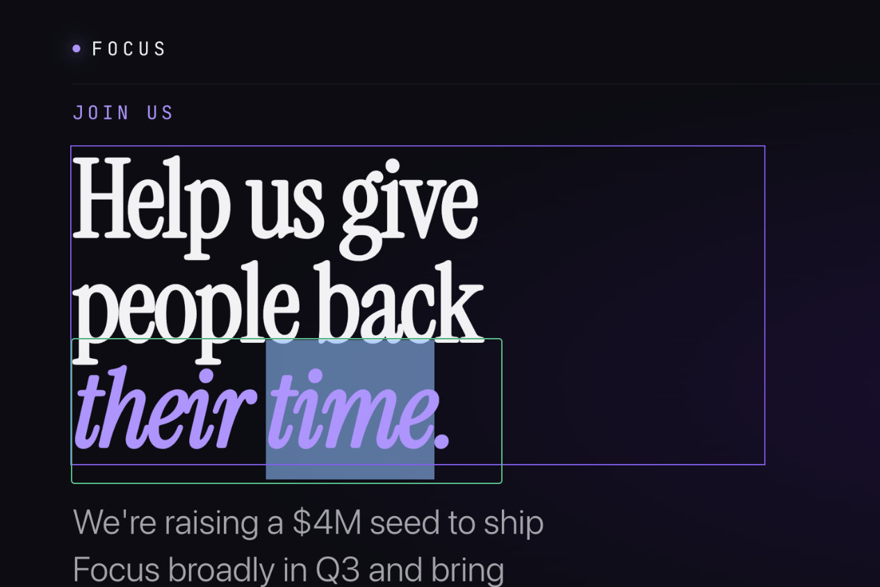 A pitch deck slide with a text block selected showing direct editing of the headline text.