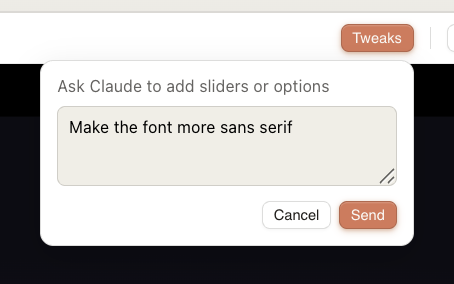 Slide deck Tweaks panel showing a text input that says "Ask Claude to add sliders or options" with the example text "Make the font more sans serif".