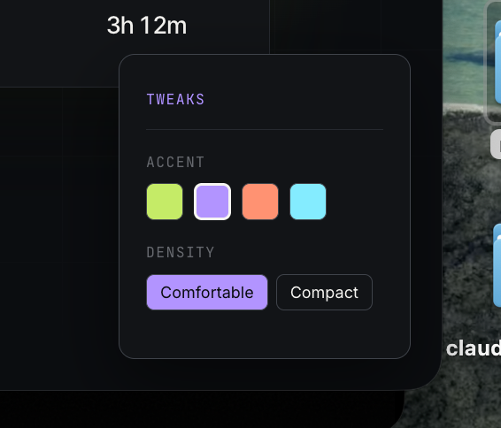 The Claude Design Tweaks panel showing accent color swatches in lime, purple, coral, and cyan, plus Comfortable and Compact density options.